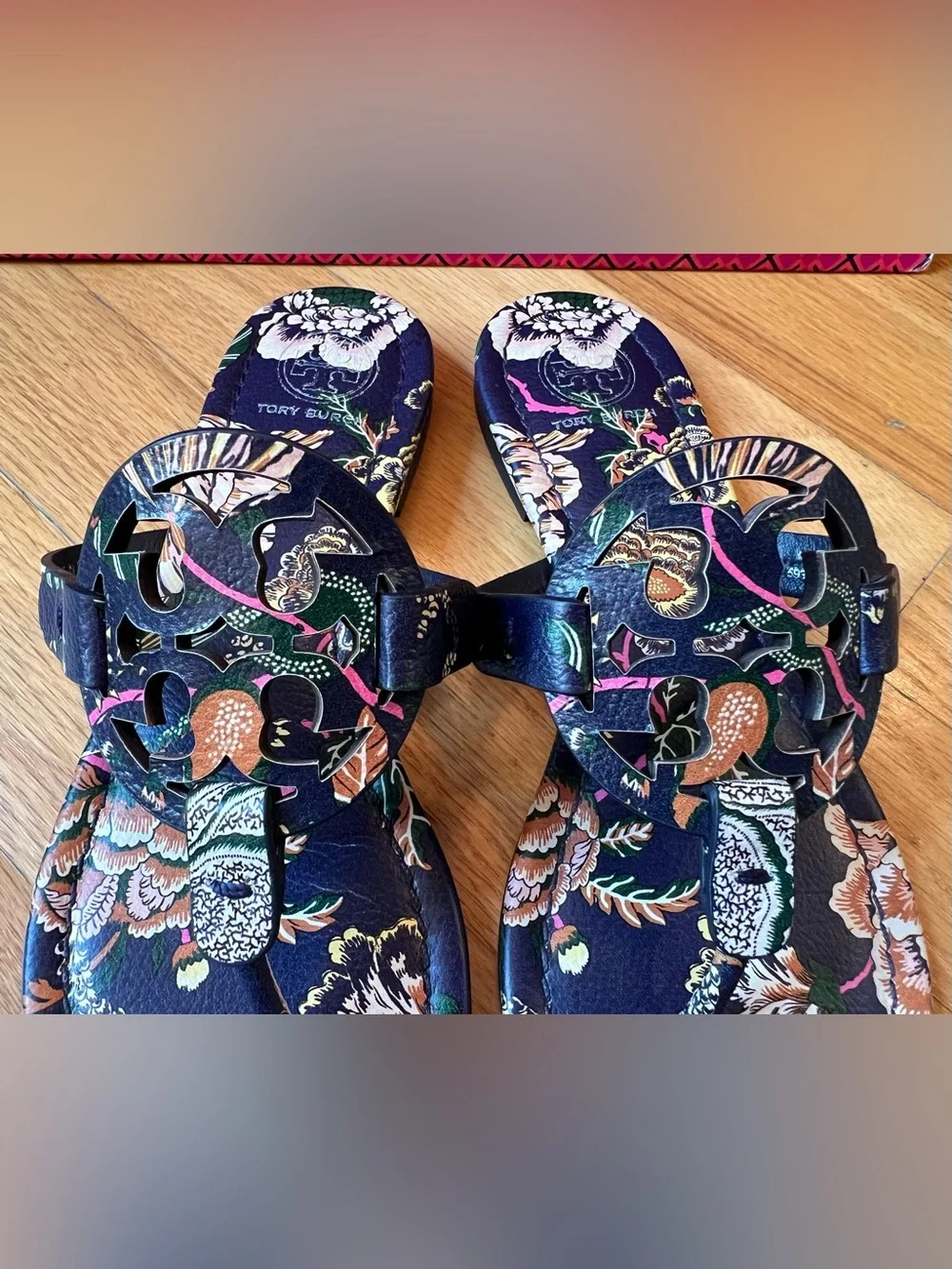 Tory Burch Happy Times Navy Floral Printed Tumbled Leather Miller Sandals